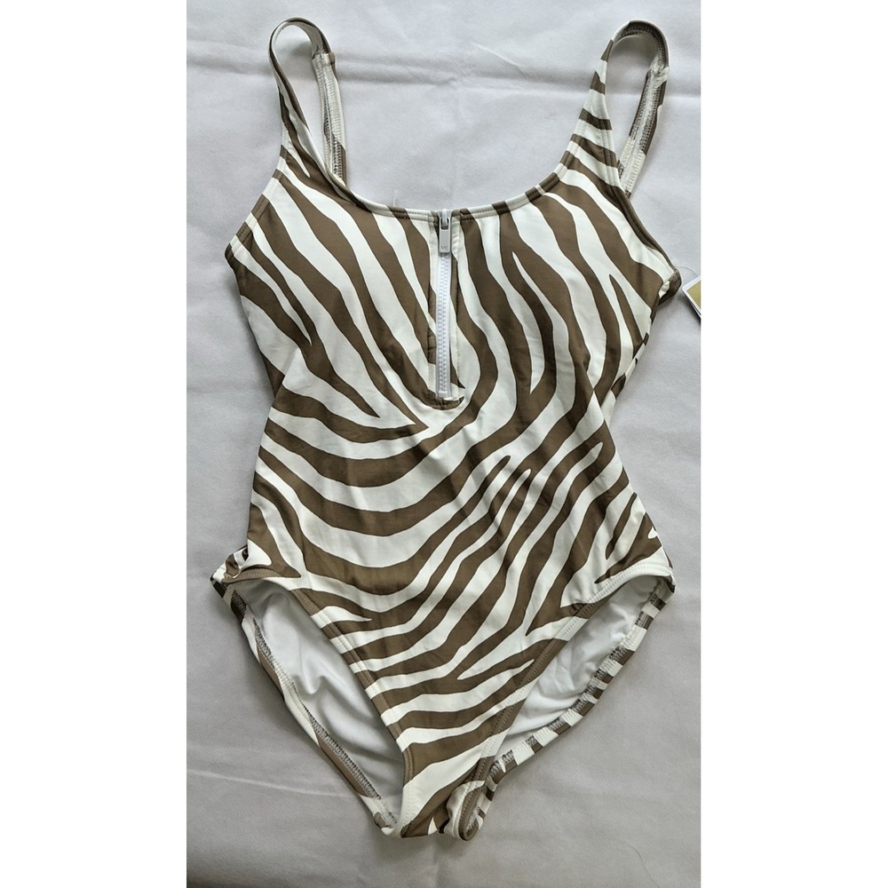 NEW Michael Kors Women's One Piece Swimsuit Size 10 Tan White Zebra Print Zipper
